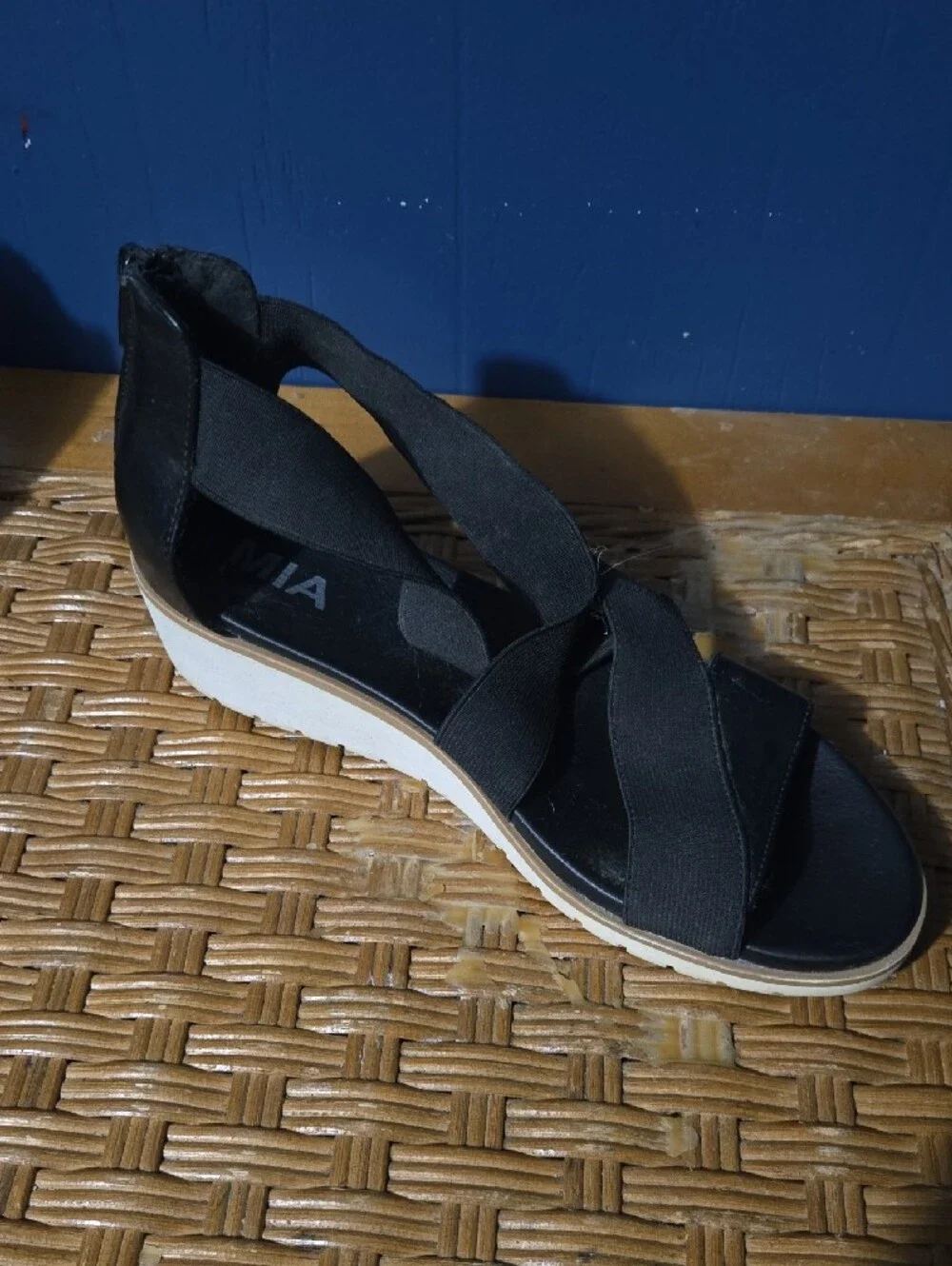 MIA Black and White Wedge Sandals with Stretch Cross Straps